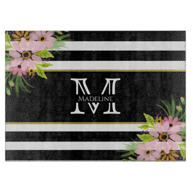 Black White Stripe Blommigt Guld | Monogram (Framsidan)