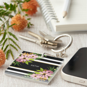 Black White Stripe Blommigt Guld Personlig