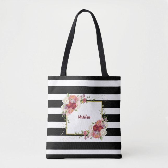 Black White Stripe Blommigt Guld | PERSONLIG Tygkasse (Framsida)