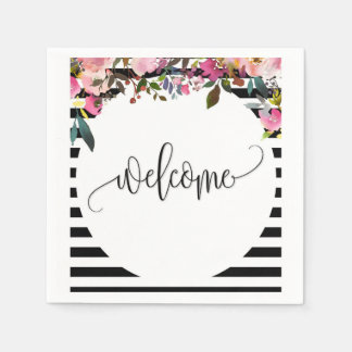 Black + White Stripe Blommigt Papper Cocktail Napk Pappersservett