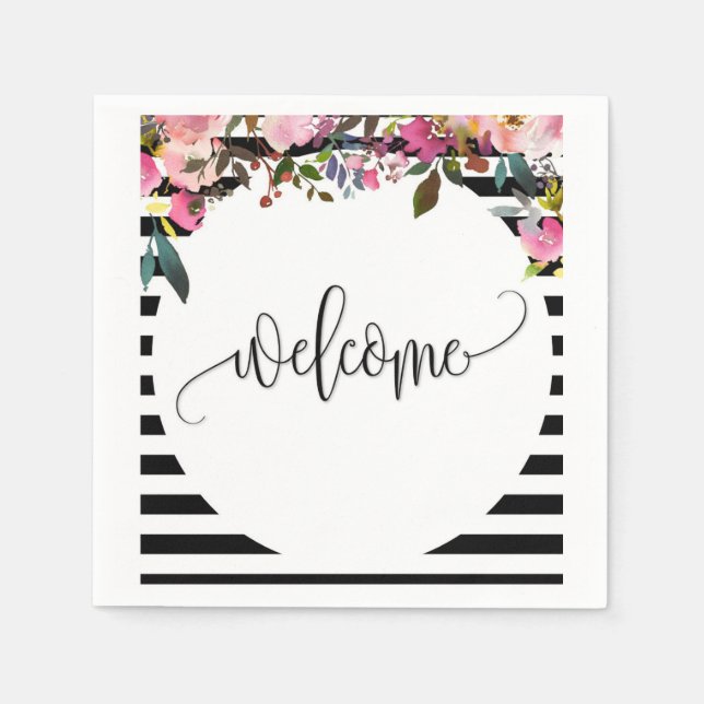 Black + White Stripe Blommigt Papper Cocktail Napk Pappersservett (Framsidan)