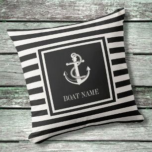 Black White Stripe Nautical Anchor Boat Namn Kudde