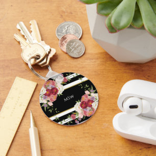Black White Stripe Peonies & Guld Personlig Nyckelring