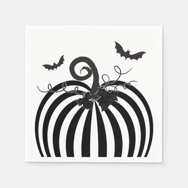 Black White Stripe Pumpkin & Fladdermus Halloween  Pappersservett (Framsidan)