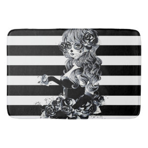 Black & White Stripe Söt Sugar Skull Girl Badrumsmatta