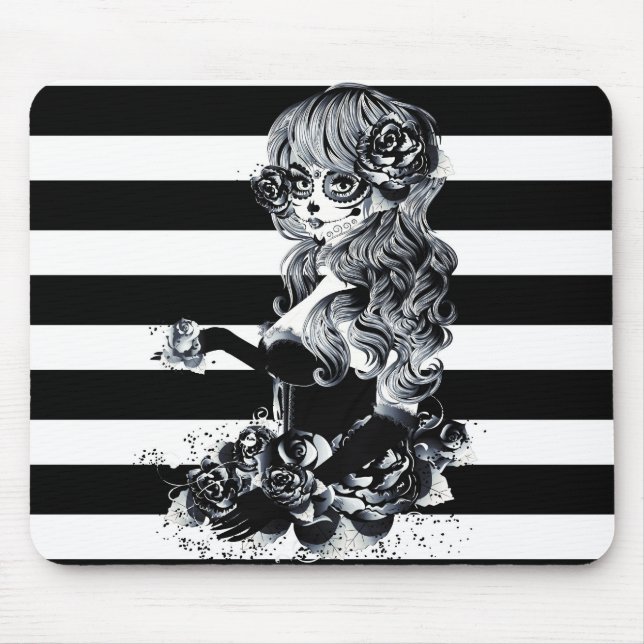 Black & White Stripe Söt Sugar Skull Girl Musmatta (Framsidan)