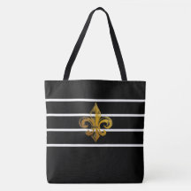 BLACK & WHITE STRIPED FLEUR DE LIS DESIGN TOTE BAG