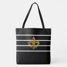 BLACK & WHITE STRIPED FLEUR DE LIS DESIGN TOTE BAG TYGKASSE