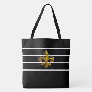 BLACK & WHITE STRIPED FLEUR DE LIS DESIGN TOTE BAG TYGKASSE