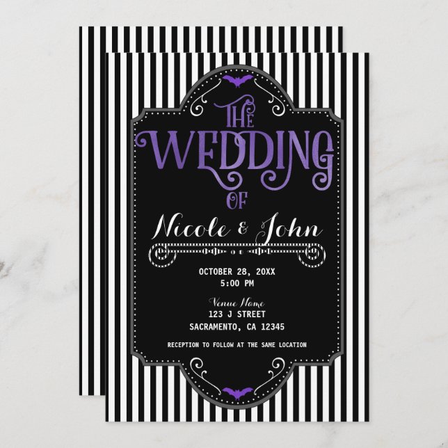 Black White Stripes Purple Gothic Bat Wedding Inbjudningar (Fram/baksida)