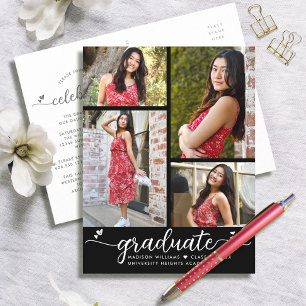 Black White Studenten 4 Photo Modern Script Heart Inbjudan Vykort