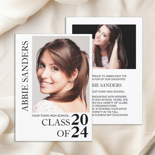 Black White Studenten Photo Announcement Inbjudningar (Black and white Class of 2024 high school graduation photo announcement)