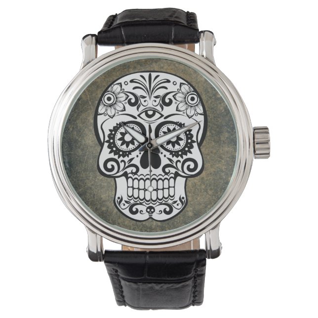 Black & White Sugar Skull Slate Watch Vintage Armbandsur (Framsida)