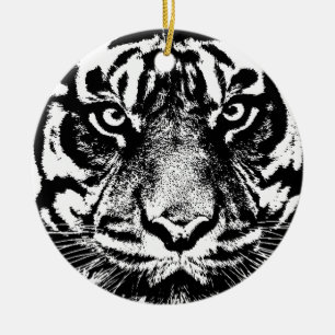 Black White Sumatran Borneo Tiger Öga Artwork Julgransprydnad Keramik