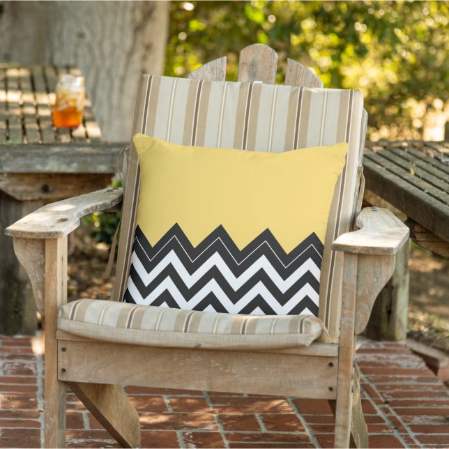 Black White Sunny Gult Zigzag Chevron Mönster Kudde (Stol)