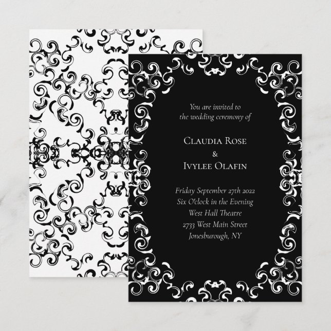 Black & White Swirl Gothic Bröllop Inbjudningar (Fram/baksida)