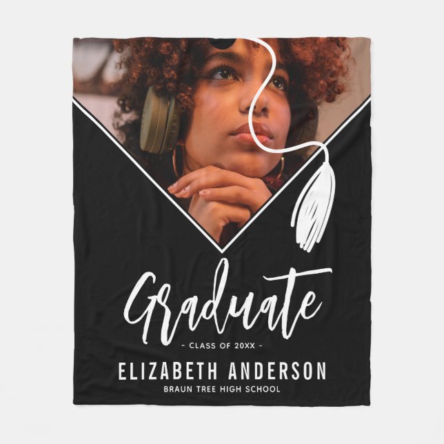 Black White Tassel Cap Photo Studenten Fleecefilt (Framsidan)