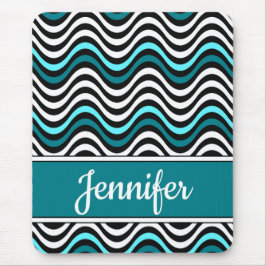 Black White Teal Bold Vågigt Rand Musmatta