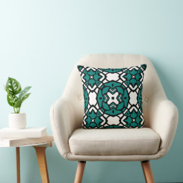Black White Teal Grönt Oriental Mosaic Mönster Kudde