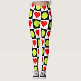Black & White Tennis Boll & Heart Checker Mönster Leggings