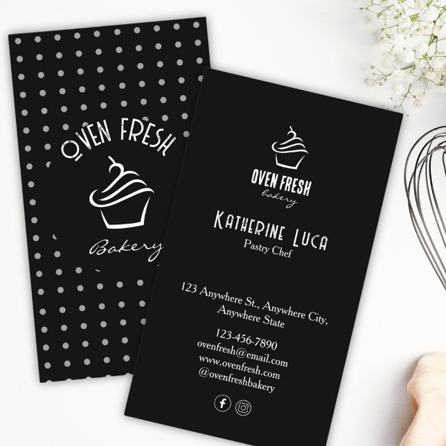 Black White Text Dots Cuptårta Bakery Visitkort (Skapare uppladdad)