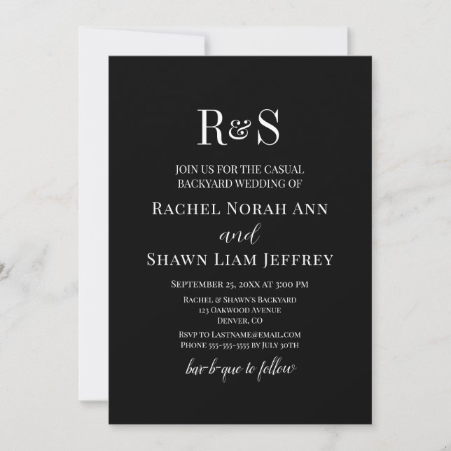 Black & White Text Monogram Backyard Wedding Inbjudningar (Framsida)