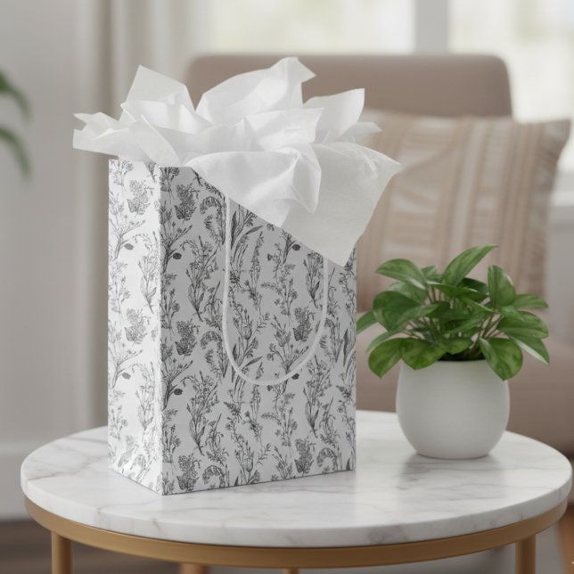 Black White Toile Elegant Floral (black and white toile floral gift bag with elegant chic pattern)