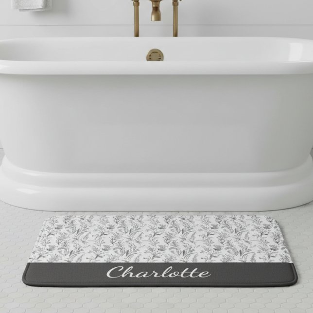 Black White Toile Floral Custom Name Badrumsmatta (black and white toile floral custom name bath mat gift for her house warming party)