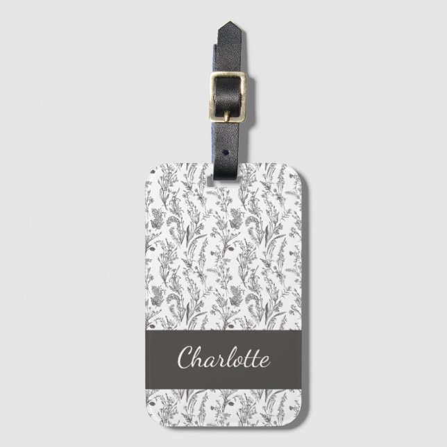 Black White Toile Floral Custom Name Bagagebricka (Framsida vertikal)