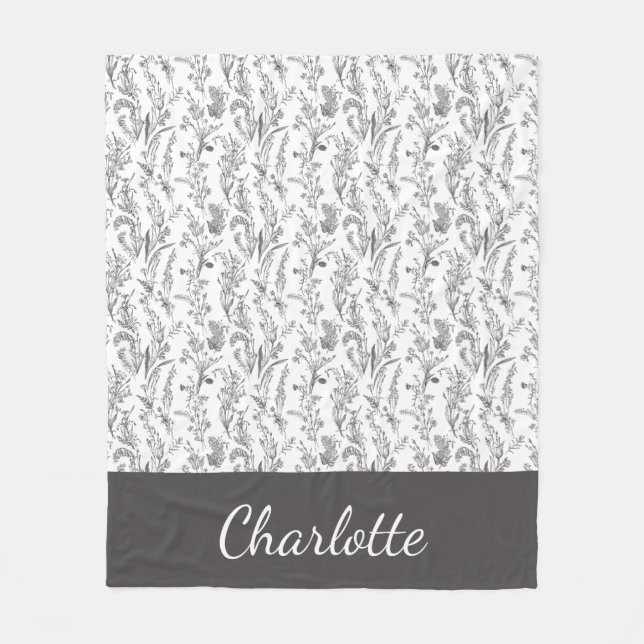 Black White Toile Floral Custom Name Fleecefilt (Framsidan)