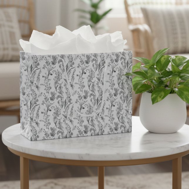 Black White Toile Floral Elegant (elegant black and white toile floral gift bag with chic pattern)