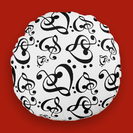Black White Treble Clef Heart Musik noter Mönster Rund Kudde