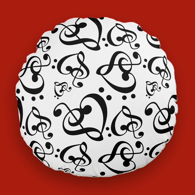 Black White Treble Clef Heart Musik noter Mönster Rund Kudde (Skapare uppladdad)