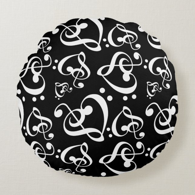 Black White Treble Clef Heart Musik noter Mönster Rund Kudde (Framsidan)