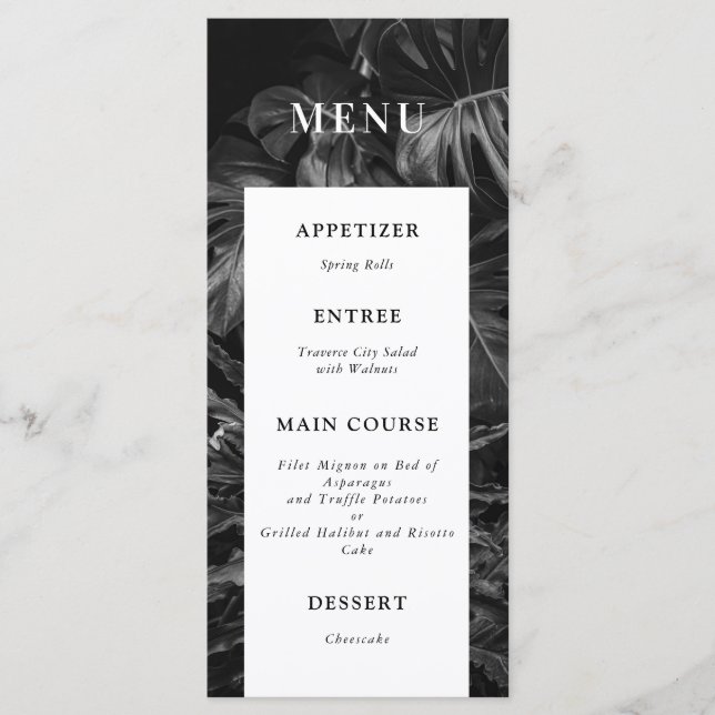 Black White Tropical Monstera Bröllop Menu Meny (Framsida)