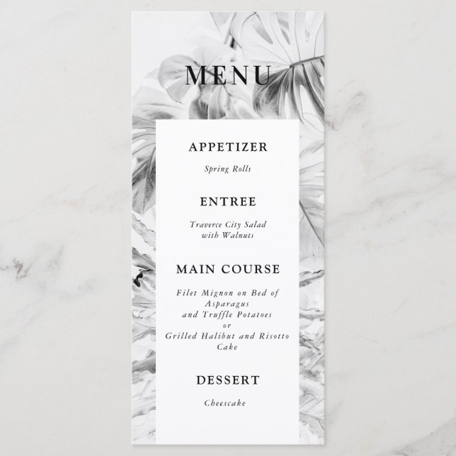 Black White Tropical Monstera Bröllop Menu Meny (Framsida)