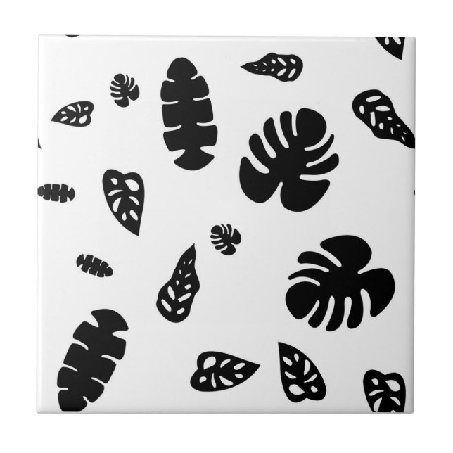 Black & White Tropical Summer Löv Mönster Kakelplatta (Framsidan)