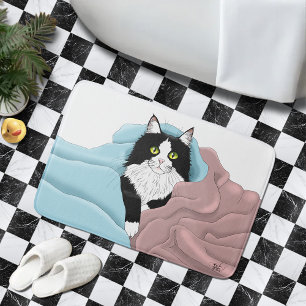 Black White Tuxedo Cat Blankets Cute Blue-Rosa Badrumsmatta