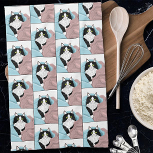 Black White Tuxedo Cat Blankets Cute Blue-Rosa Kökshandduk