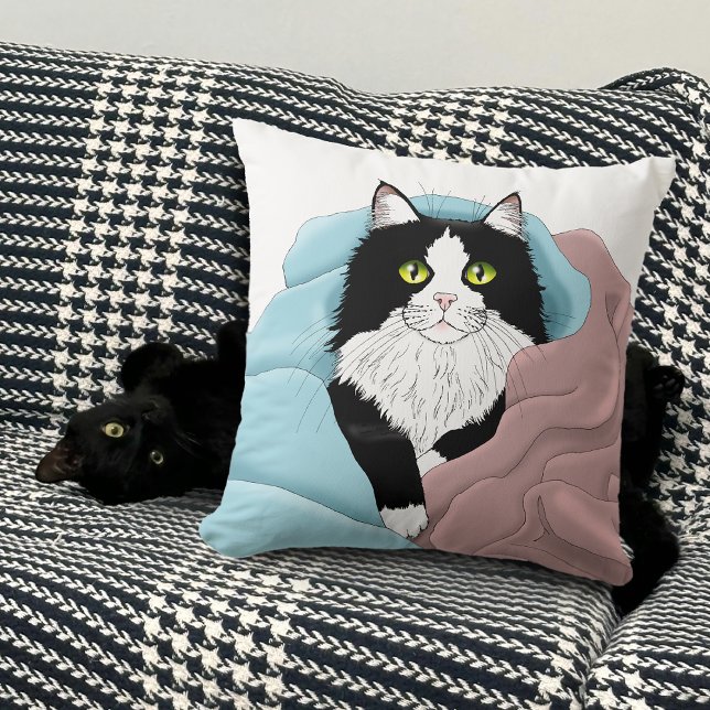 Black White Tuxedo Cat Blankets Cute Blue-Rosa Kudde (Skapare uppladdad)