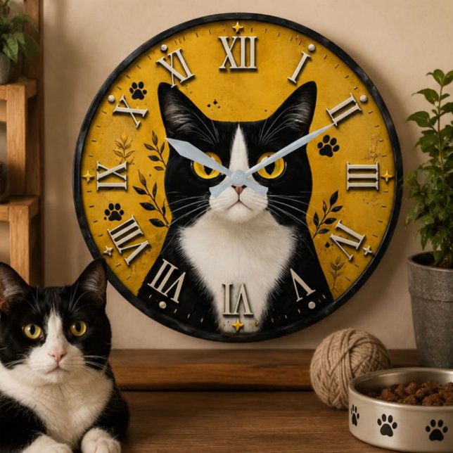 Black & White Tuxedo Cat Home Decor Stor Klocka (Skapare uppladdad)