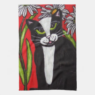 Black White Tuxedo Cat White Daisys Red Kökshandduk