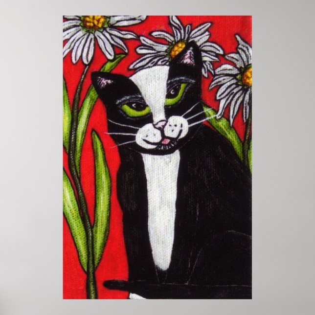 Black White Tuxedo Cat White Daisys Red Poster (Framsidan)