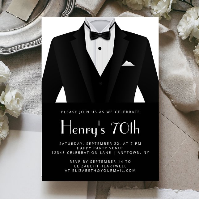 Black White Tuxedo Mens 70th Birthday Party Inbjudningar (Skapare uppladdad)