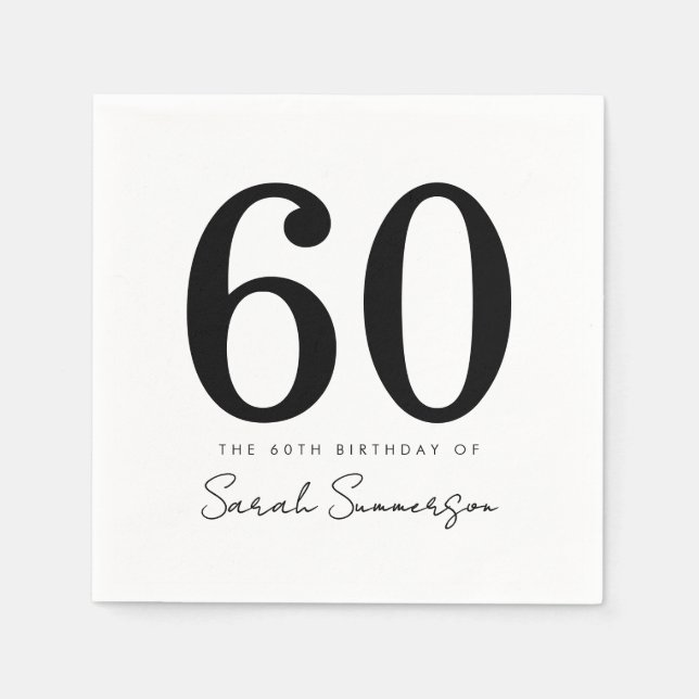 Black White Typography Sixty Name 60th Birthday Pappersservett (Framsidan)