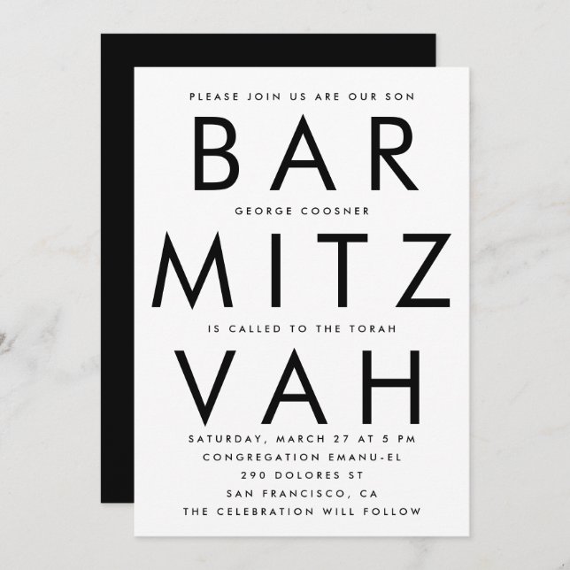 Black White Ultra Modern Pub Mitzvah Inbjudningar (Fram/baksida)