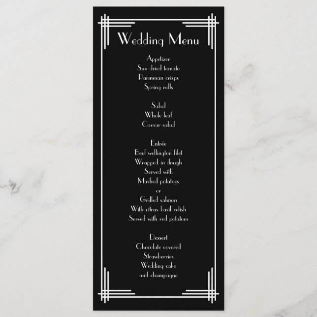 Black White Underbar Gatsby Art Deco Bröllop Menu Meny (Framsida)