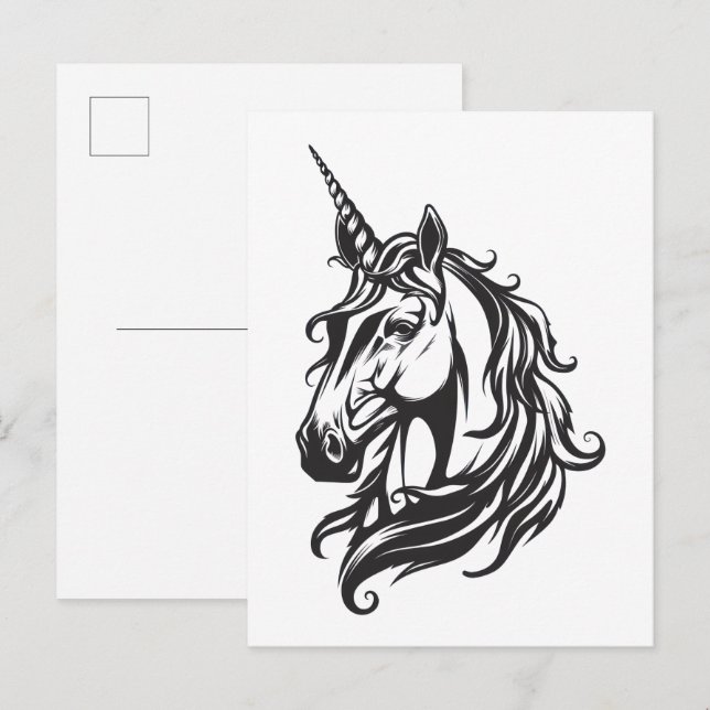 Black & White Unicorn Drawing Vykort (Fram/baksida)
