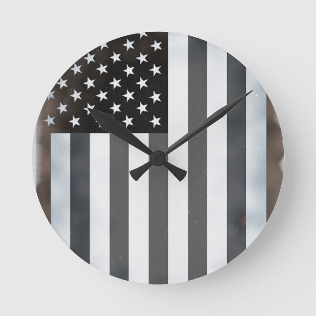 Black & White US American Flagga Rund Klocka (Framsida)