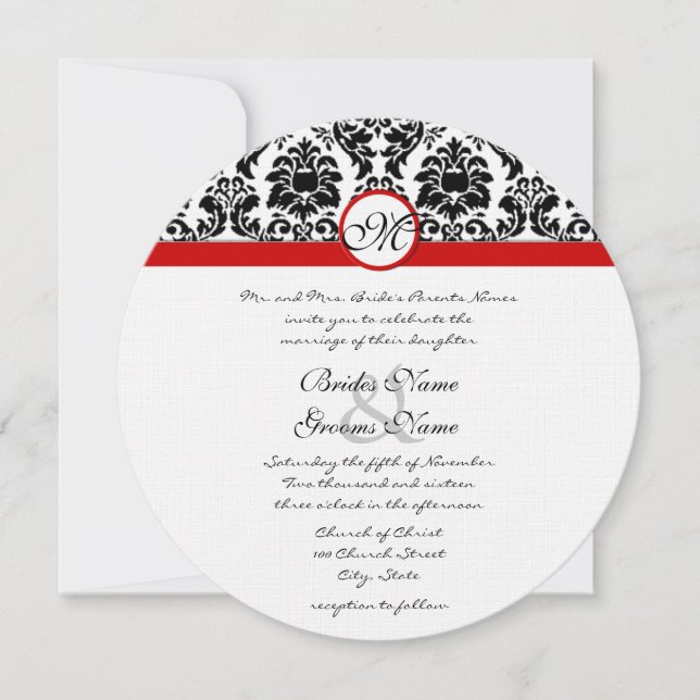 Black & White Victorian Damask Red Trim Bröllop Inbjudningar (Framsida)